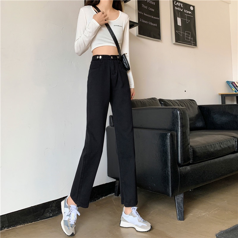 High Waist Celana Jeans Panjang wanita denim straight pants Korean style