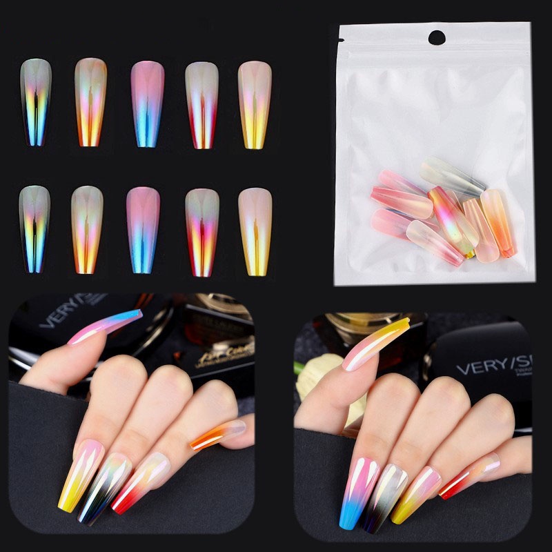 24pcs / Set Kuku Palsu Akrilik Warna Gradasi Pelangi Untuk Nail Art Diy