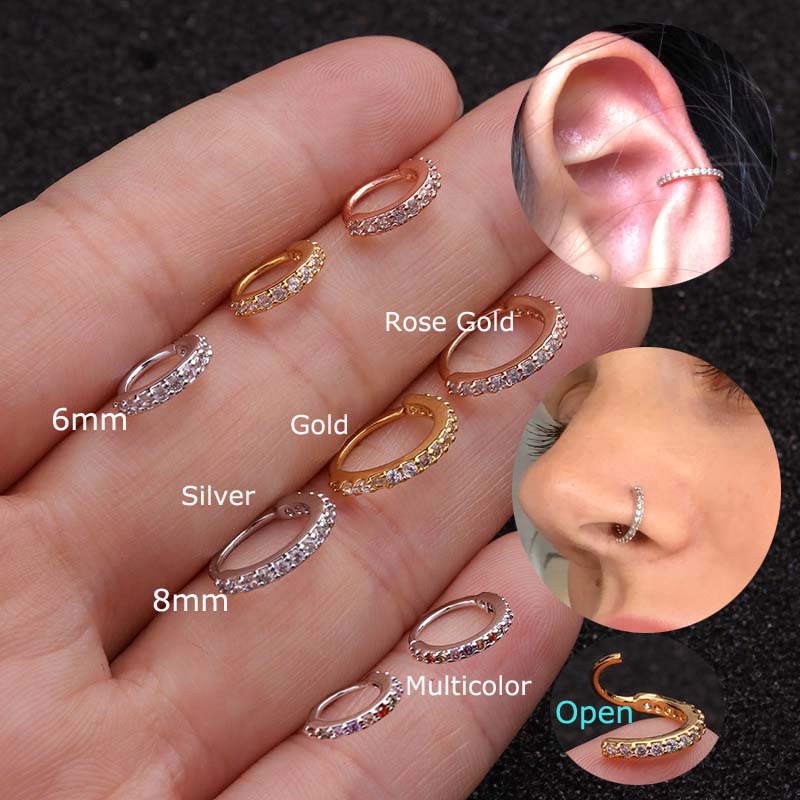 1piece Copper 6-10mm Hoop Cartilage Tragus Earrings Nose Helix Rook Pinna Helix Piercing 20G Zircon