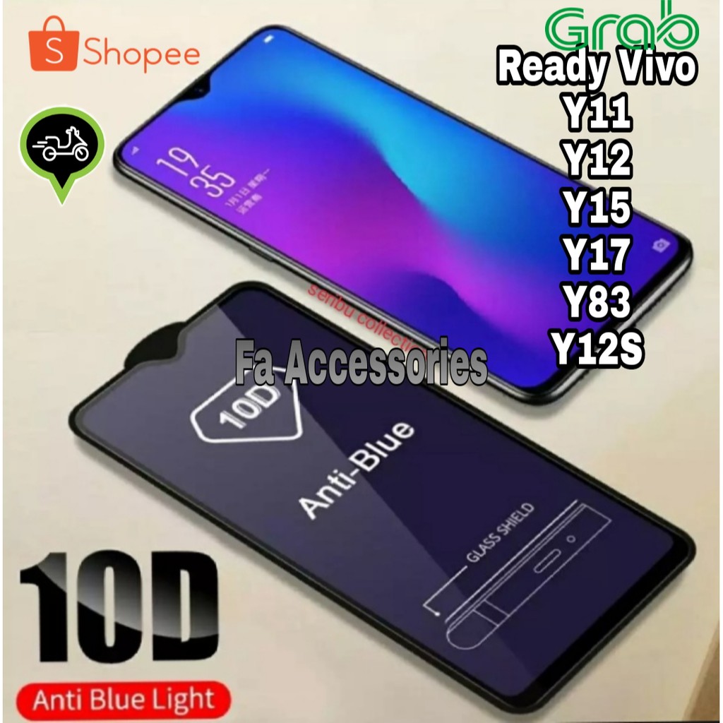 Tempered Glass Bluray Anti Blue Light Full 10D 99D Vivo y02 y02t y11 y12 y12i y12s Y15 Y15s y16 y17 y35  y36 y83 i t s full screen guard