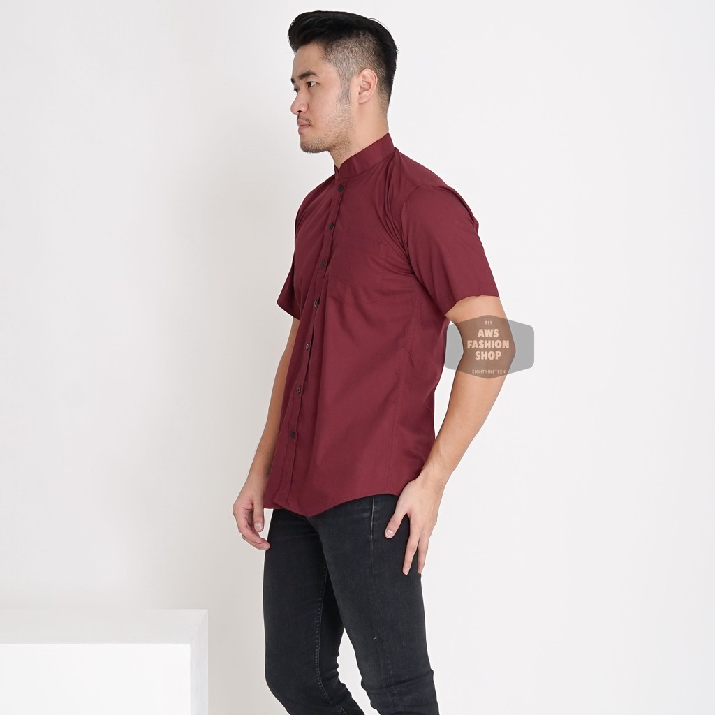 Kemeja Pria Lengan Pendek Polos Kerah Shanghai Koko Merah Maroon Cowok Casual Slimfit 3351