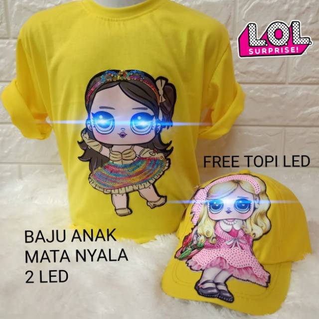 Kaos anak led lol free topi led bisa menyala