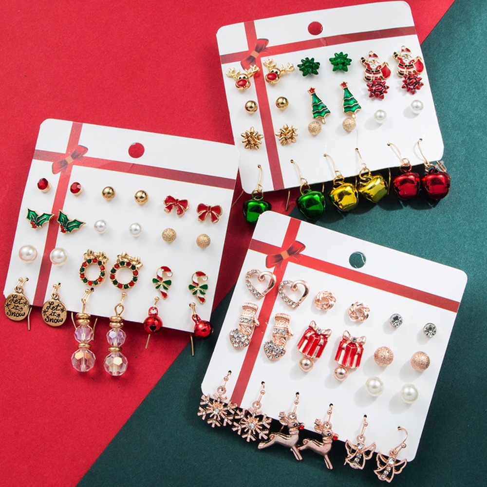 24pcs / Set Anting Tusuk Gantung Wanita Desain Snowflake / Lonceng / Rusa / Hati Tema Natal Untuk Hadiah