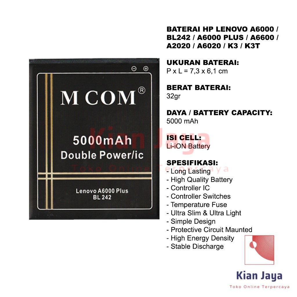 MCOM Baterai Hp Lenovo A6000 A6000+ A6020 A2020 A6600 Plus BL242 Original Batre Batrai Battery Ori