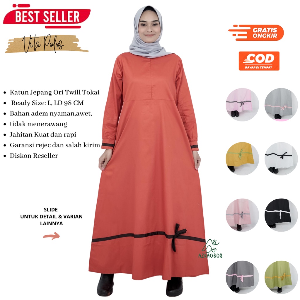Gamis Polos Premium katun Jepang Ori Model Vita Warna Hijau Kuning Abu Coklat Bata Hitam Putih L