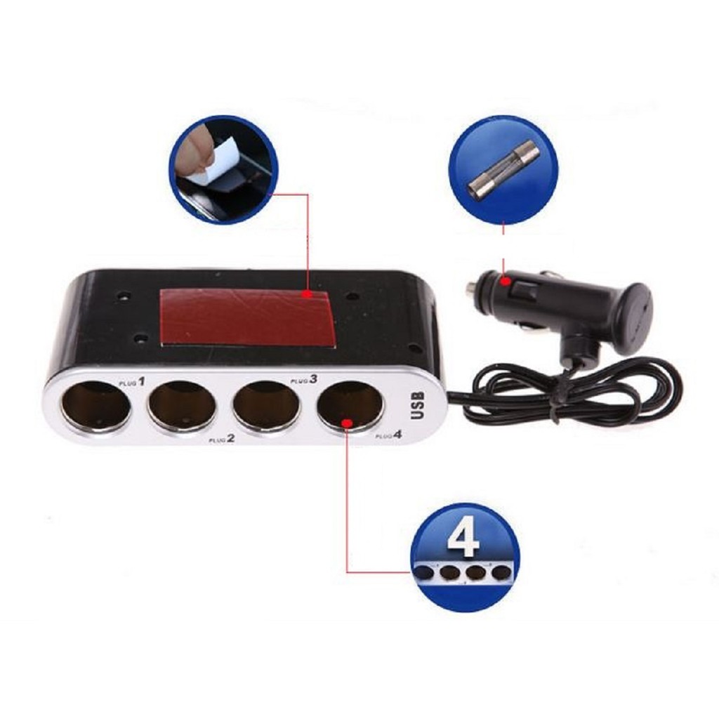 Socket Lighter mobil, cabang 4 in 1 + USB dengan on off untuk semua merk dan type mobil 12V