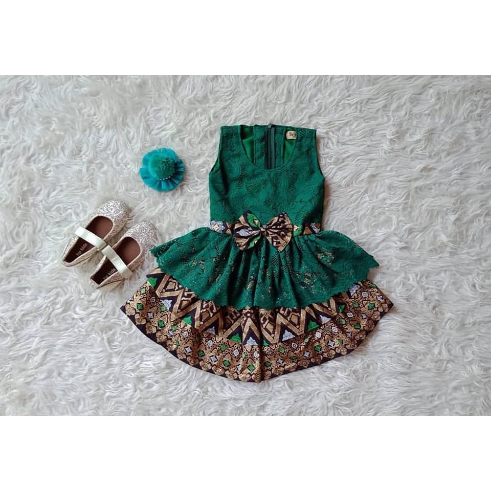 Dress Anak Model Kenisha Batik Hijau Botol 10 Tahun (READY STOK)