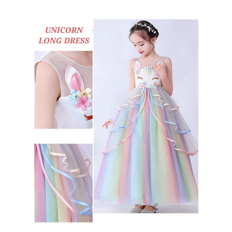 UNICORN LONG DRESS DRES GAUN PESTA PANJANG ANAK ABG PEREMPUAN IMPORT RAINBOW