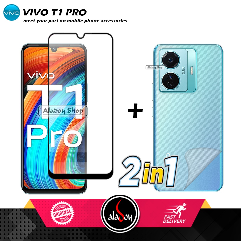 PAKET 2 IN 1 Tempered Glass Layar Vivo T1 Pro + Skin Carbon Film 3D