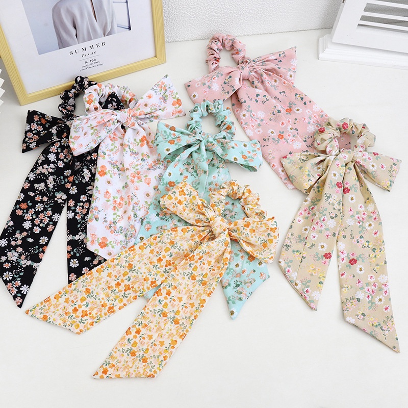 Image of Ikat Rambut Srunchie Kain Model Pita Dengan Motif Bunga-Bunga Lucu Korean Import #4