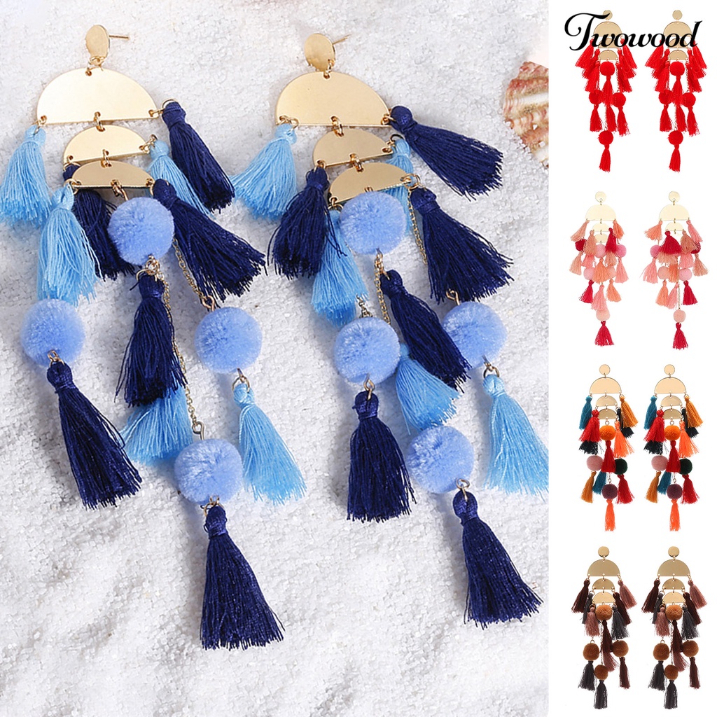 1 Pasang Anting Rumbai Multilayer Bentuk Setengah Lingkaran Tahan Jatuh Gaya Bohemian Untuk Wanita