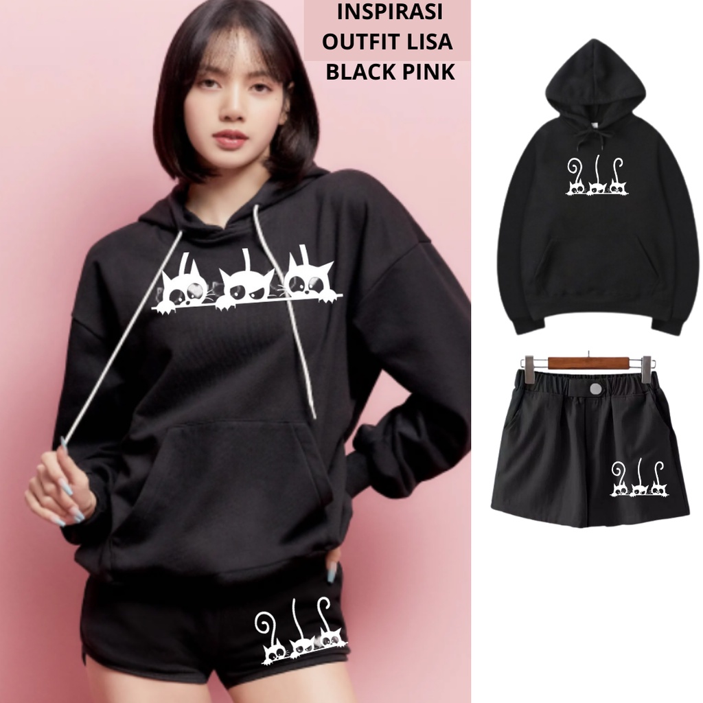 Choice Ali - Setelan Outfit Lisa Blackpink Set Hoodie Dan Celana Bichon Motif Kucing Nitip