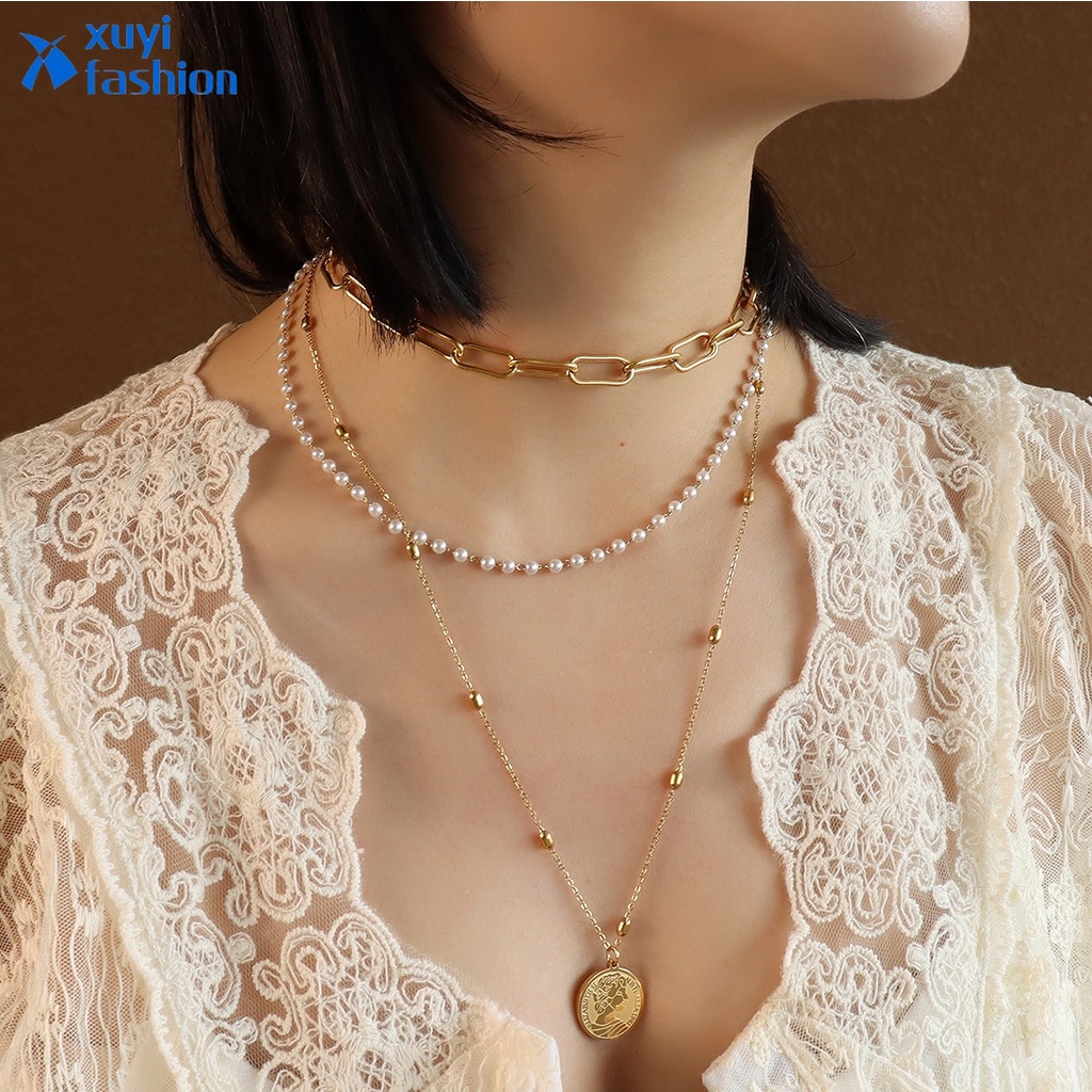 Fashion Multilayer Pearl Necklaces Choker Beads Gold Chain Coin Portrait Pendant Collar Jewelry Accessories