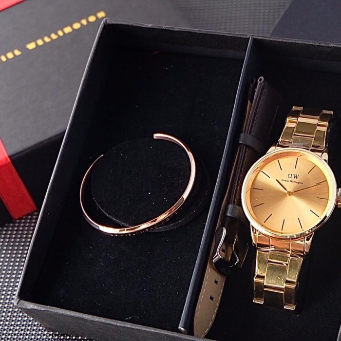 JAM TANGAN DW WANITA RANTAI ALL STAINLESS PREMIUM FREE GELANG + STRAP