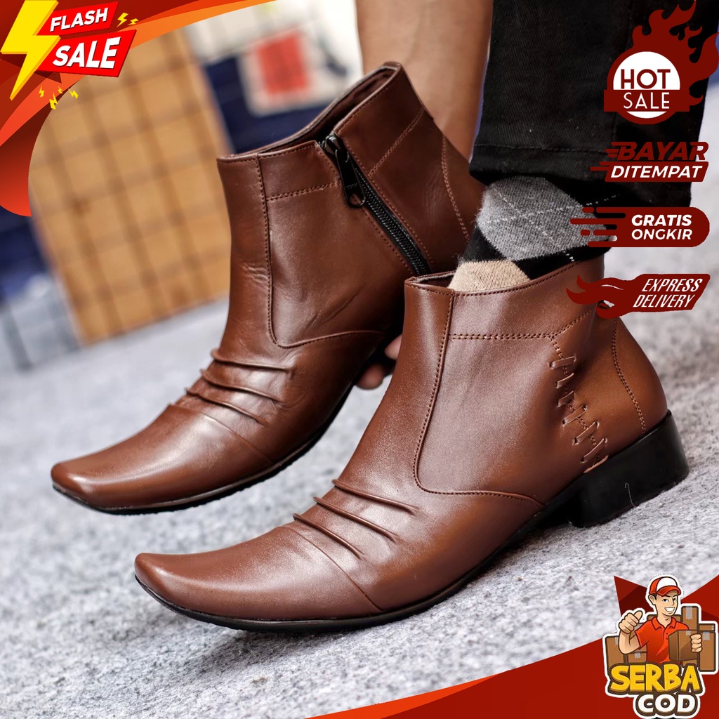 BDM 034 - Sepatu Kulit Asli Pria Formal Pantofel Peninggi Badan Zipper Ujung Lancip Original Terbaru