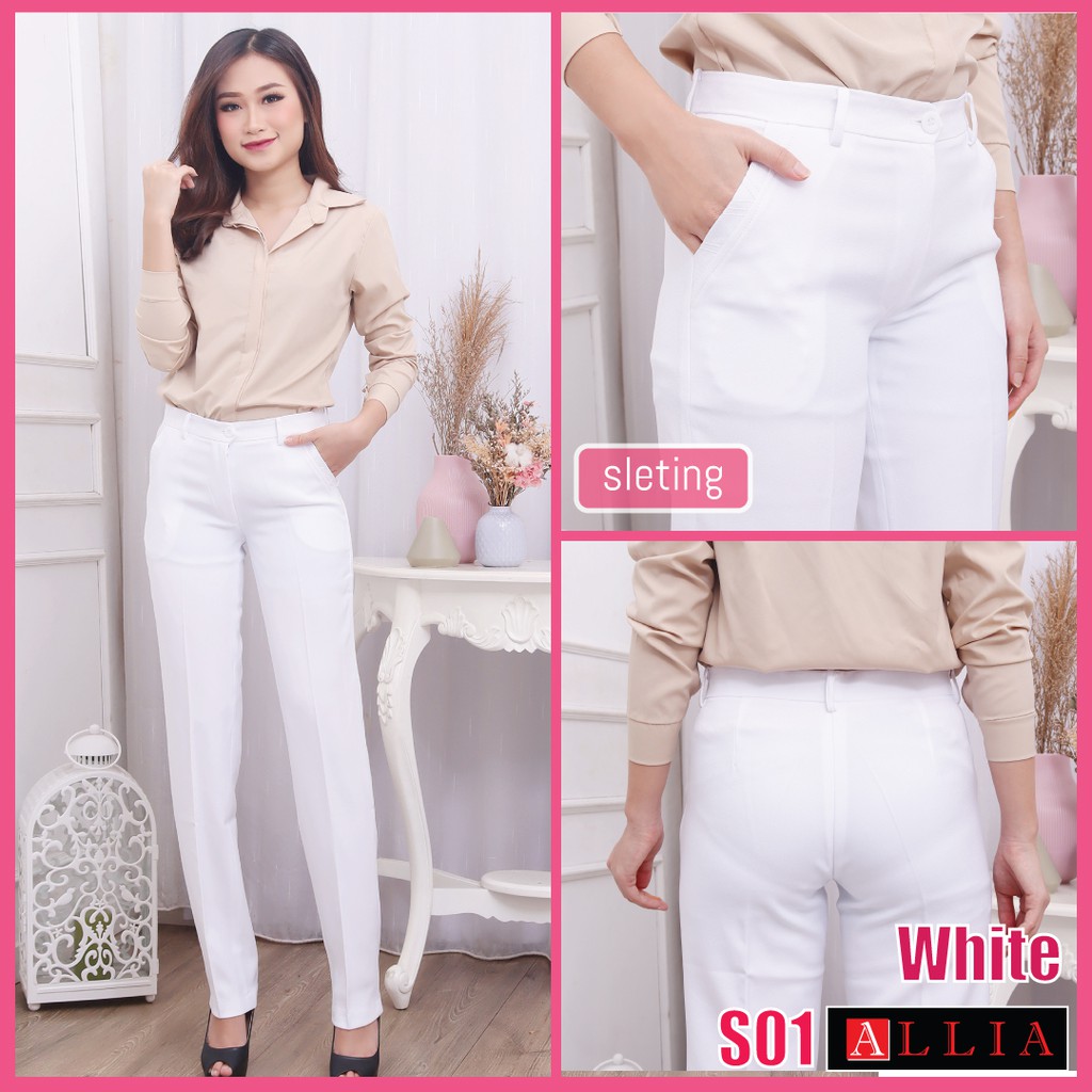 Allia S01 White M - 7L / Celana Sleting wanita / Celana kantor wanita / celana bahan wanita