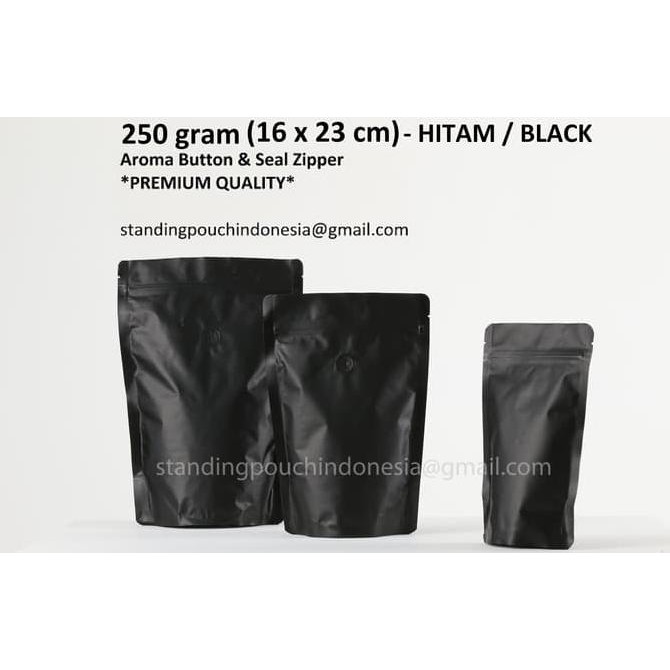 

Kemasan Kopi Standing Pouch 250g (VALVE + ZIPPER) HITAM *PREMIUM* TERBATAS