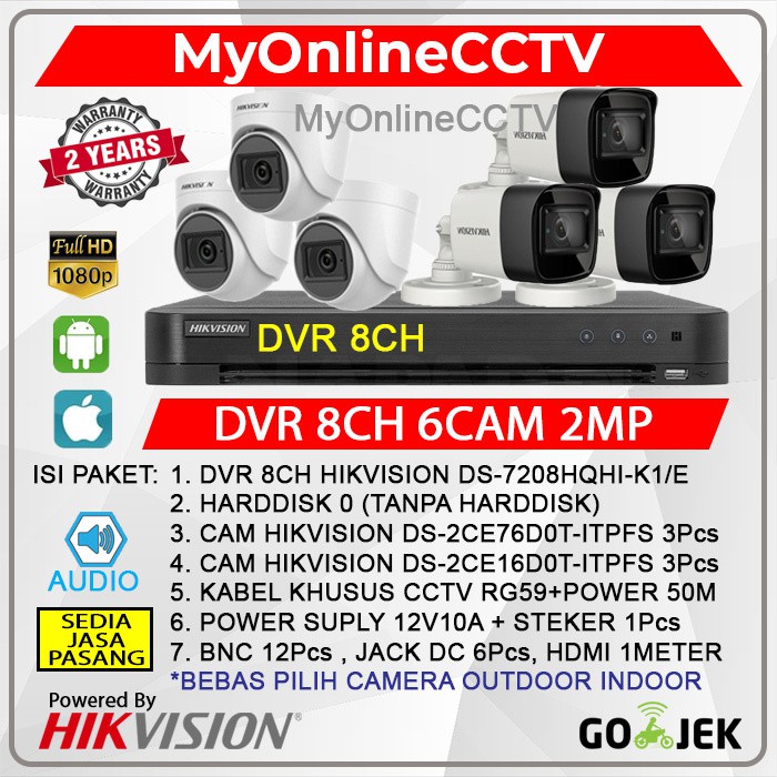 PAKET CCTV HIKVISION 6 KAMERA 2MP + SUARA LENGKAP DVR  8CHANNEL