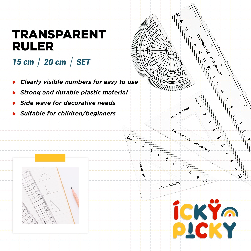 

[ickypicky] Zhiheng Penggaris Simple Transparan Gaya Muji 15 cm / 20 cm / SET | Transparent Protractor Triangle Straight Ruler