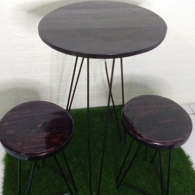 MEJA TERAS 1 SET - MEJA BANGKU CAFE UNIK - MEJA KURSI KAYU RANGKA BESI AS1536SA