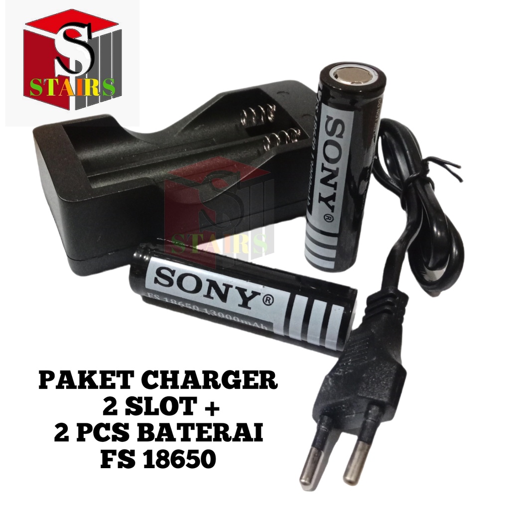 Paket Charger 2 Slot + 2 PCS Baterai Li-ion FS 18650 13000mAh 4.2V Warna Hitam