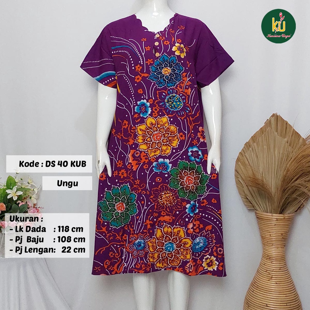 COD DS40 KUB | Daster Batik Kencana Ungu Asli Label Biru Ukuran Jumbo | Baju Santai Tidur Wanita Dewasa Kancing Depan Busui Friendly Motif Terbaru-Ungu C