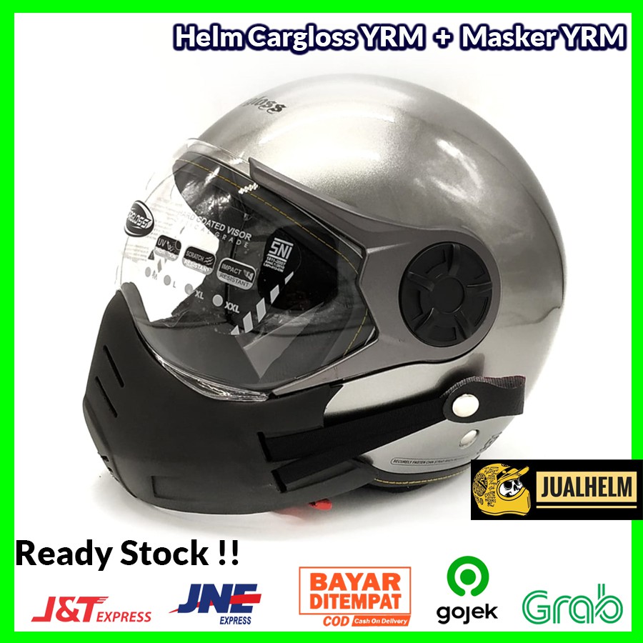Paket Helm Cargloss YRM Silver Glossy + Masker PU YRM ( Mask / Bogo / Retro / Vespa / Klasik )