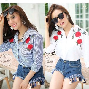 KEMEJA WANITA ATASAN MOTIF BUNGA MAWAR BORDIR HEM LENGAN PANJANG BLOUSE BUKAN CRESSIDA H M DNC ZOYA