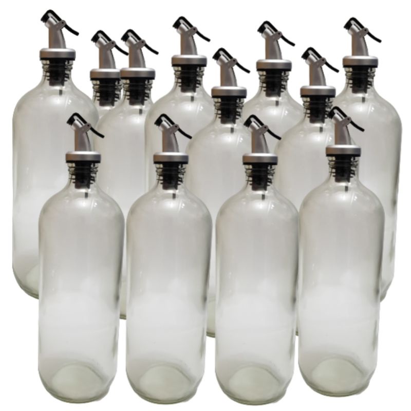 Botol Kaca 1 liter Tutup Flip Pourer Silver  / Botol Bolles / Botol Madu / Botol kecap / Botol Dapur  / Botol Jamu kaca 1 liter1