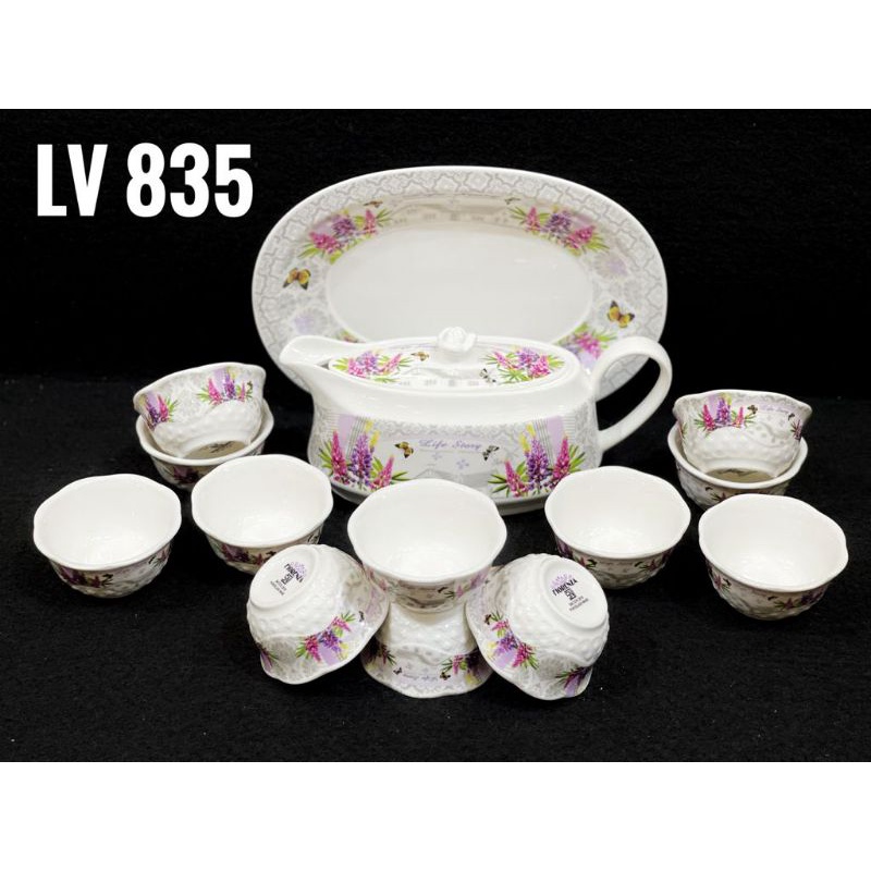 set mangkok piring teko pempek cuko keramik fiorenza motif lavender