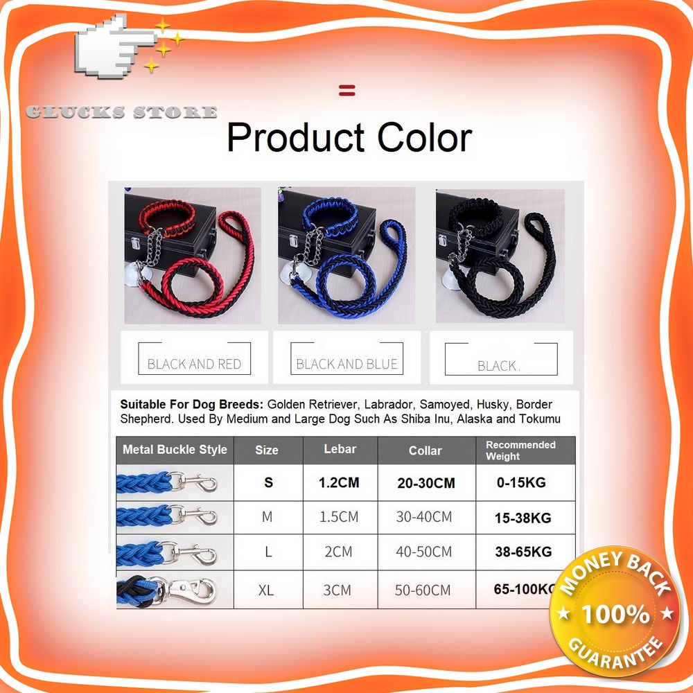 Kalung Leher Tali Tuntun Anjing Besar Collar Chain Dog Walking Rope Nylon Pet Leash Pitbull Golden A