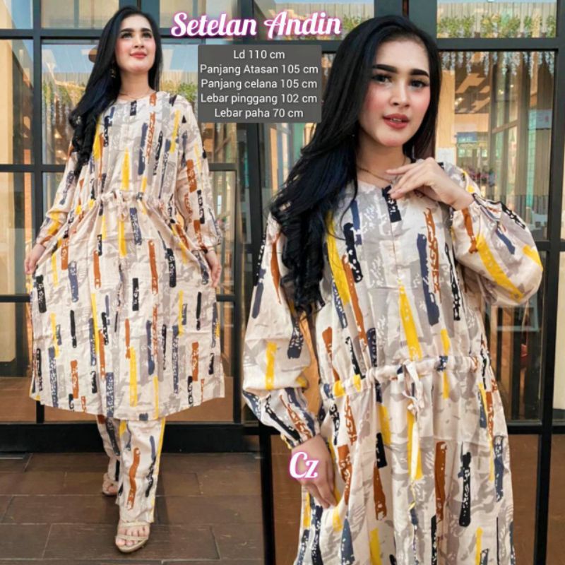 One Set Wanita Long Tunik Rayon Viscose Premium Setelan Wanita Lengan Panjang Set Celana Panjang Tunik Kekinian