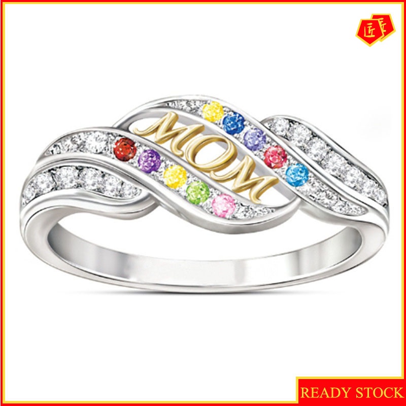 [Ready Stock]Creative Birthstone Two-Color Mom Diamond Gold Ring