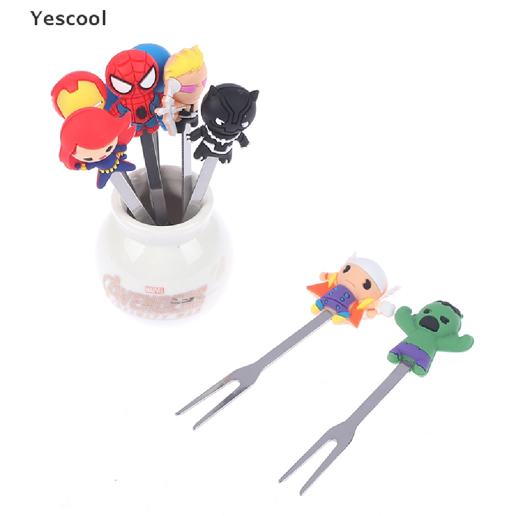 Yescool 8PCS Garpu Buah Mini Bentuk Kartun Pahlawan Bahan Stainless Steel