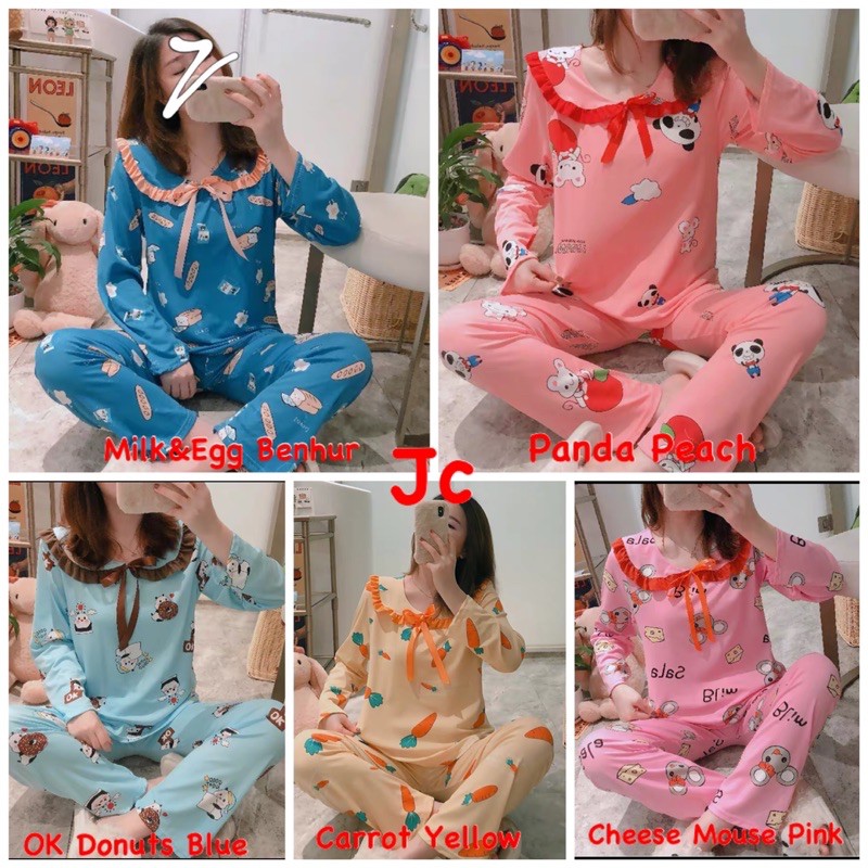 JC NEW Set Piyama Kerah Babydoll Import PP / Piyama Panjang Muslimah   / grosir Piyama wanita Import