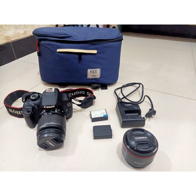 canon 1200D siap pakai + lensa Fix YN mark II + tripod