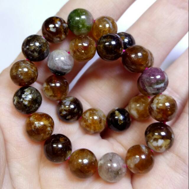 C180. Gelang TOURMALINE Coklat Hijau Pink. NATURAL Bracelet Brown Green Red Watermelon Tourmaline