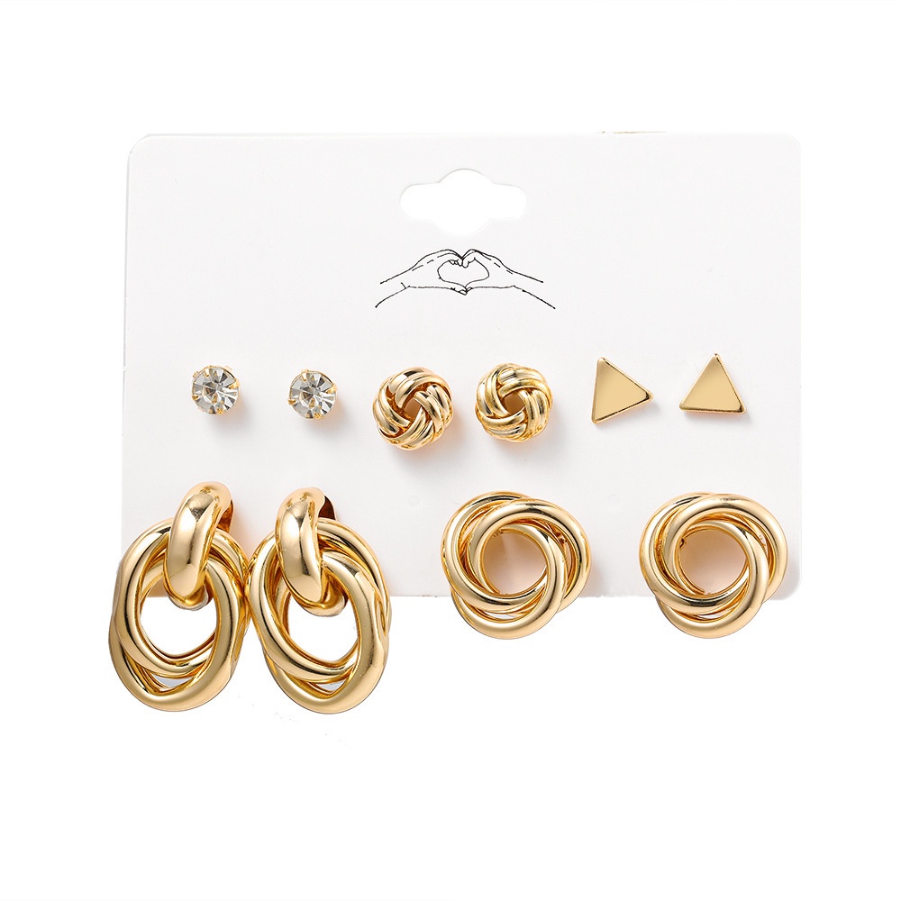 Set Anting Stud Bentuk Lingkaran Geometris Segitiga Bahan Logam Aksen Berlian Untuk Wanita