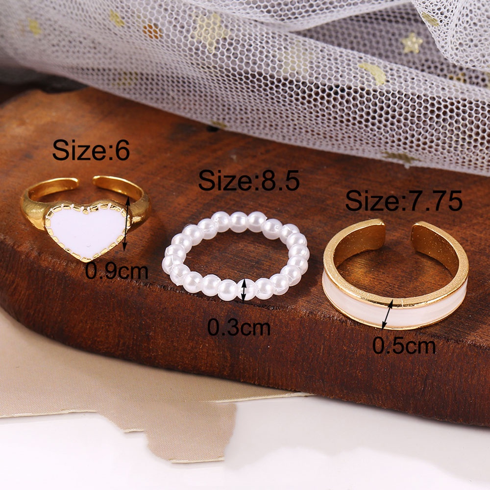 3pcs / Set Cincin Jari Elastis Adjustable Warna Emas Aksen Mutiara Bentuk Hati Untuk Wanita