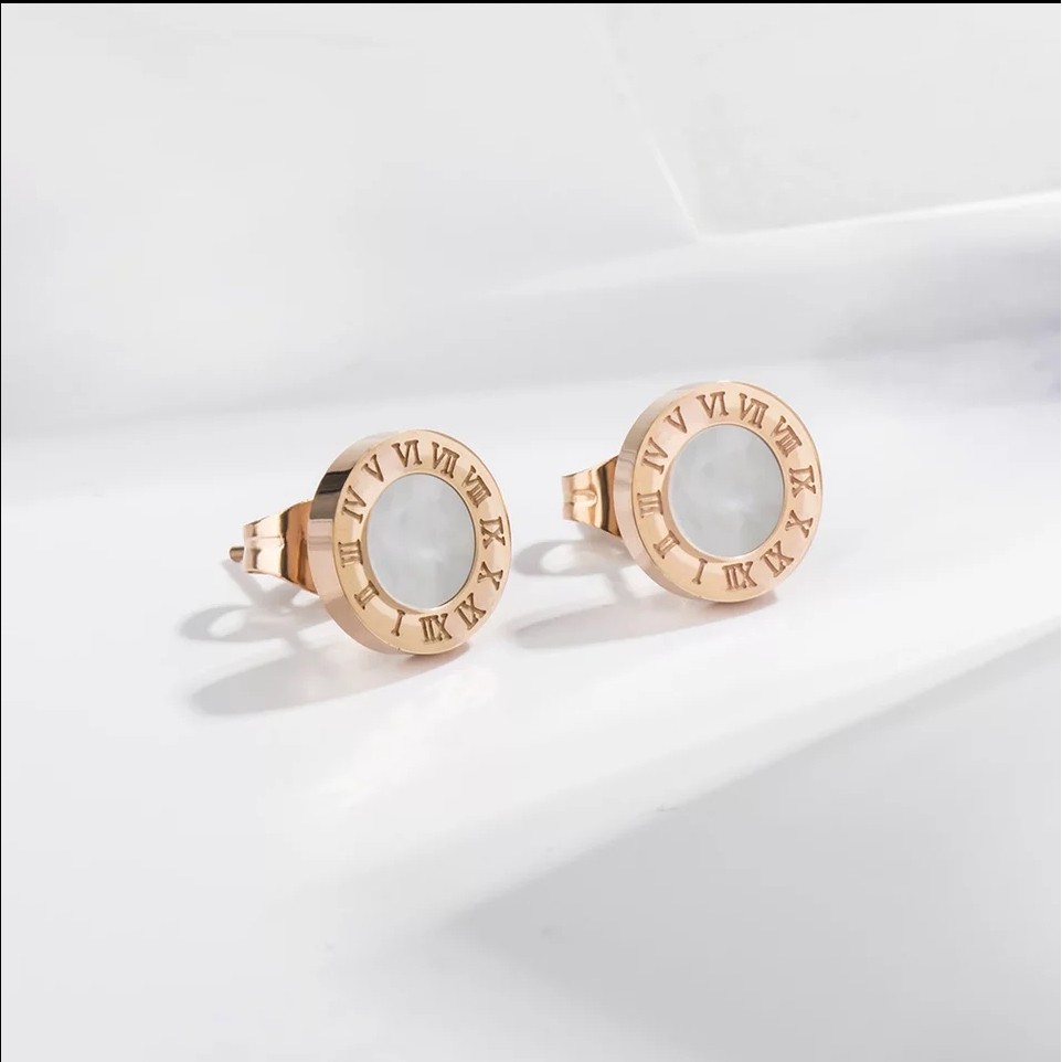 Anting Titanium B*lgr White Shell Rose Gold dan Gold