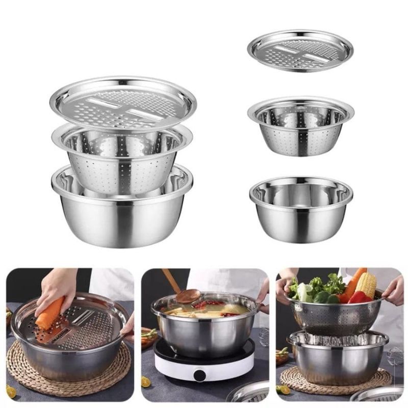 Parutan Baskom Saringan Stainless Steel 3in1 / Tirisan Baskom Cuci Sayur Buah