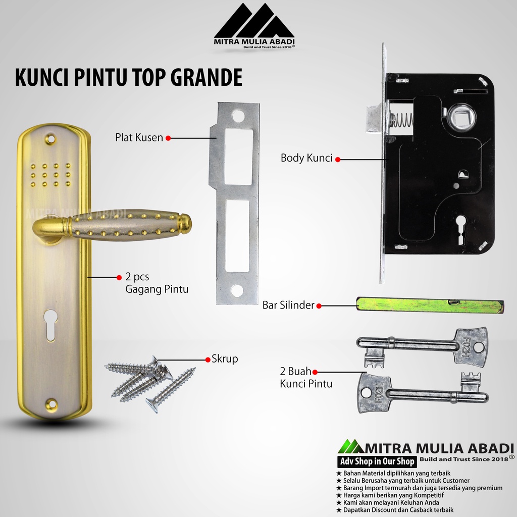 Kunci pintu TOP GRANDE GOLD FULL set Dus Hijau l Handle l Gagang