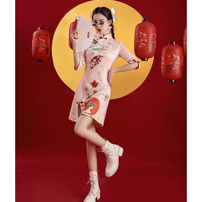 Guochao cheongsam 2022 new spring long sleeve young girl improved small suede pink spring and Autumn