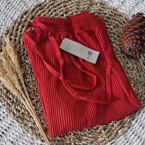 Celana Kulot Jumbo Plisket Lidi Kecil Premium Summer Highwaist Ribbon Pleated Cullotes Bawahan Wanita Termurah-terracota