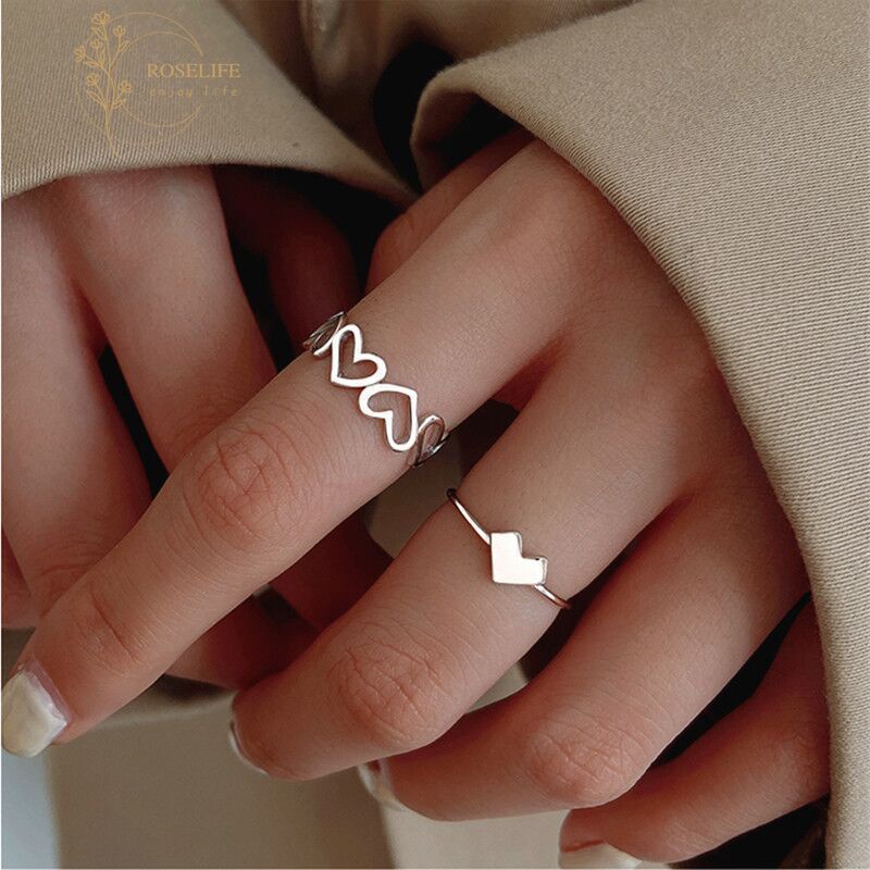 Roselife 2PCs / Set Cincin Model Terbuka Desain Hati Hollow Warna Silver Untuk Pria / Wanita