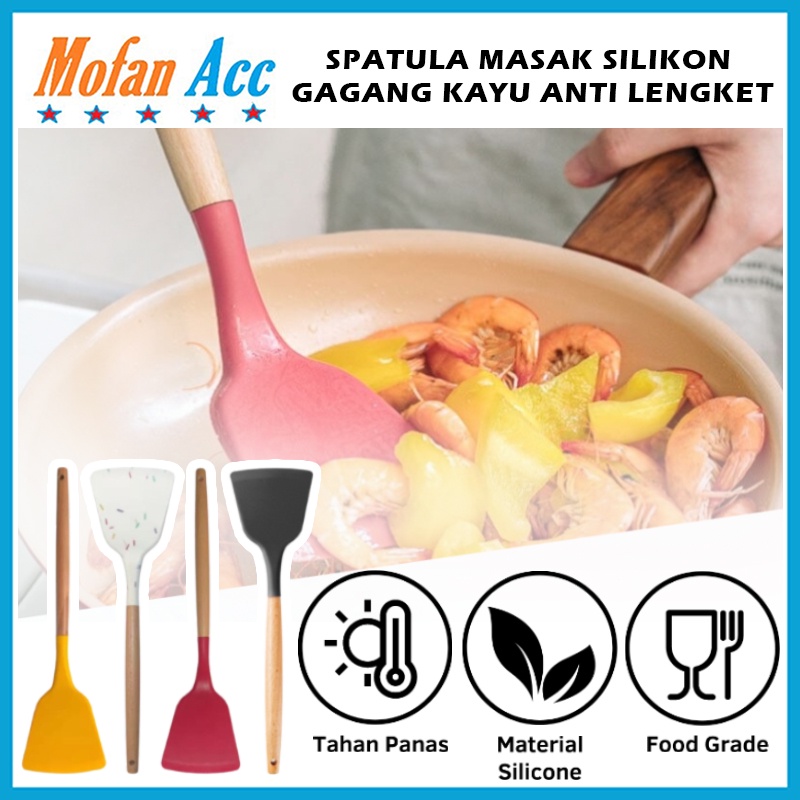 Spatula Silikon Gagang Kayu 32Cm / Sutil Masak Untuk Goreng Tumis Tahan Panas Anti Baret / Silicone 
