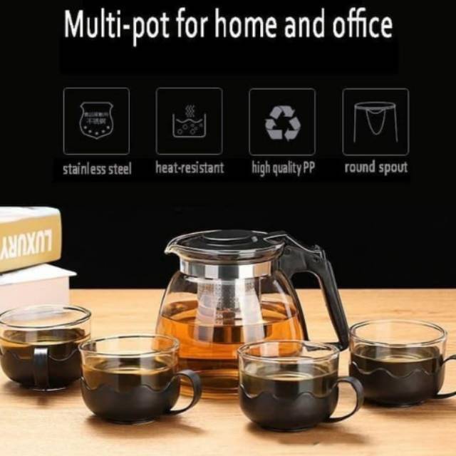 TEAPOT HITAM PLUS SARINGAN TEAPOT IMPORT PLUS GELAS 4 PCS TEKO TEH BAHAN KACA TEAPOT HITAM PLUS 4 GELAS TEAPOT SARINGAN KACA IMPORT