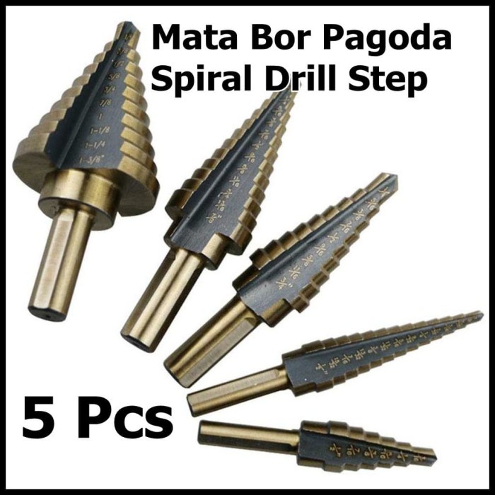 Mata Bor 5 Pcs Pagoda Spiral Drill Step Down Titanium Set