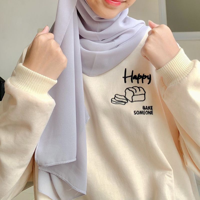 IvannaCollection Sweater Basic Oversize Pria Wanita Happy Bake Someone Sweater Crewneck Oversize Bahan Fleece Size L XL XXL