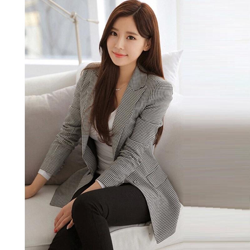 Blazer Wanita Casual Lengan Panjang Motif Kotak-Kotak